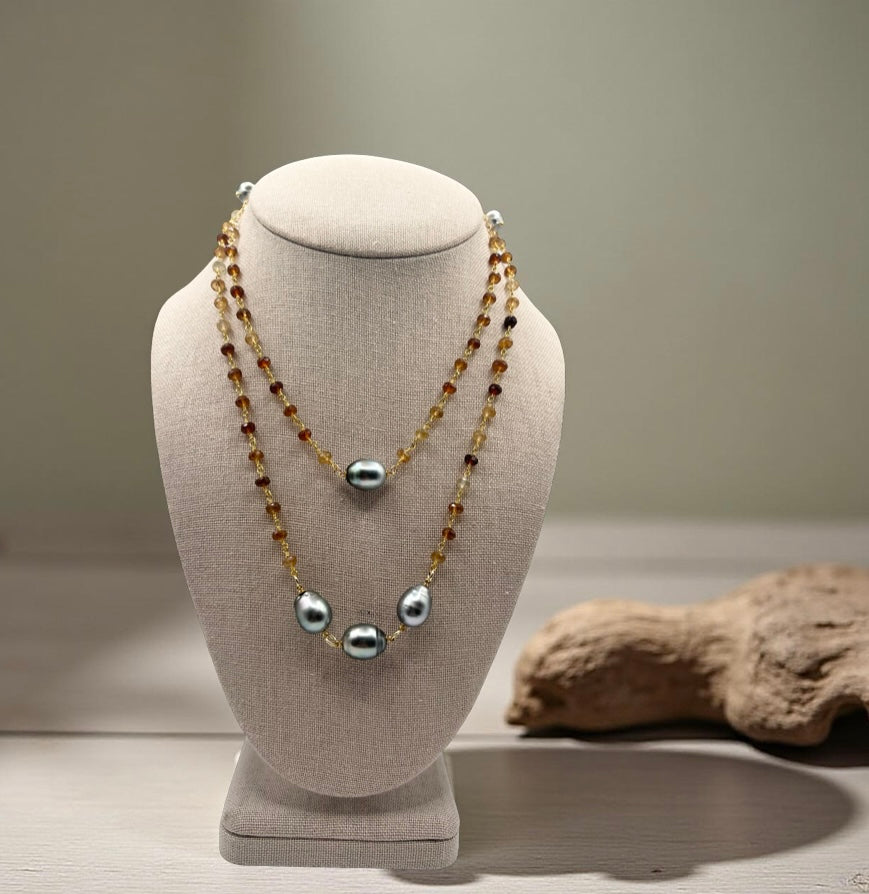 Tahitian & Hessonite Garnet Rosary Chain Necklace