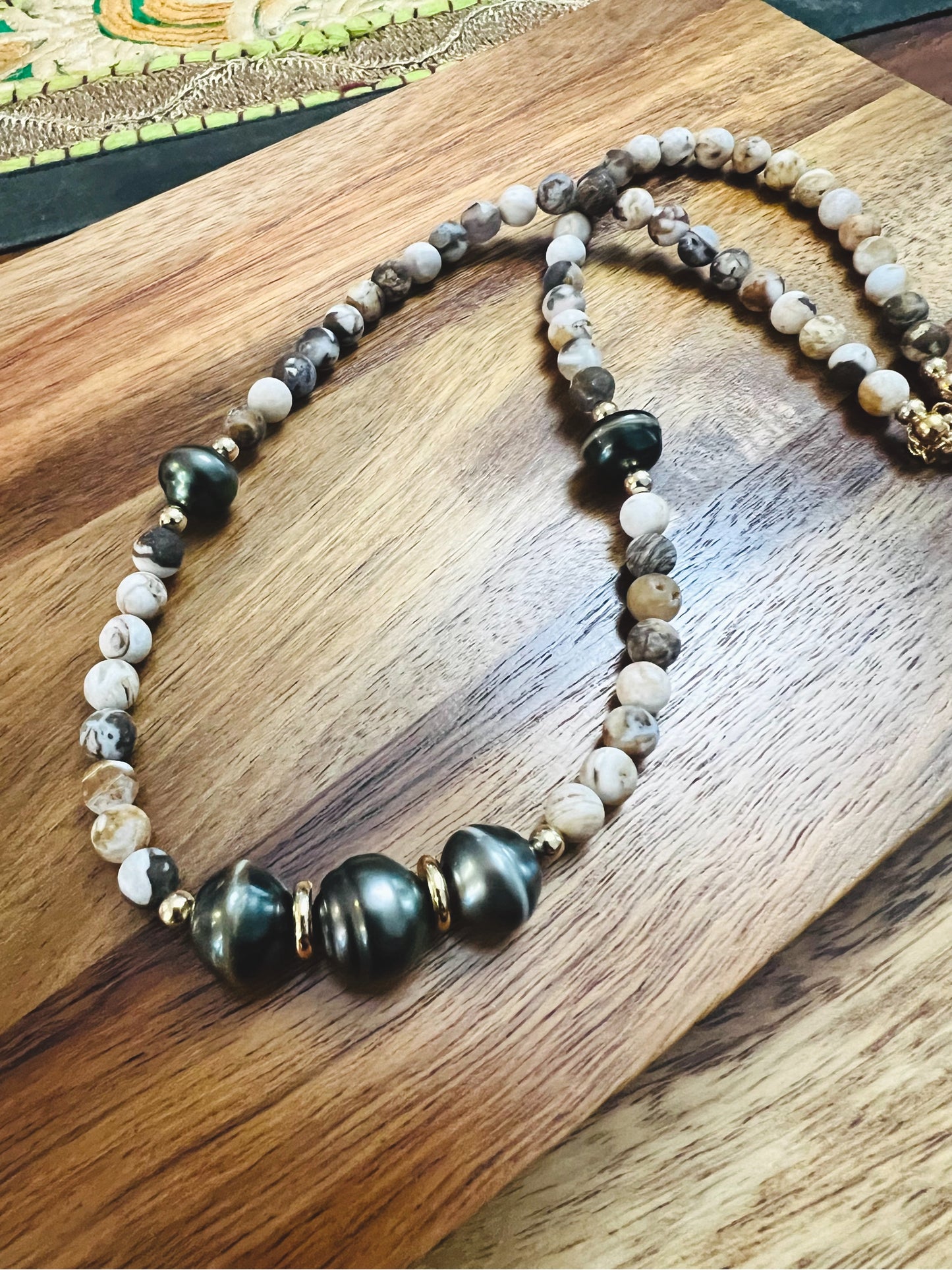 Petrified Wood & Tahitian Pearl Necklace