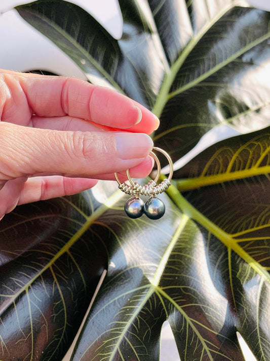 Jungle Green Tahitian Pearl Fringe Hoop Earrings