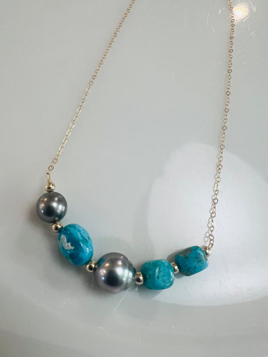 Kingman Turquoise & Tahitian Chain Necklace