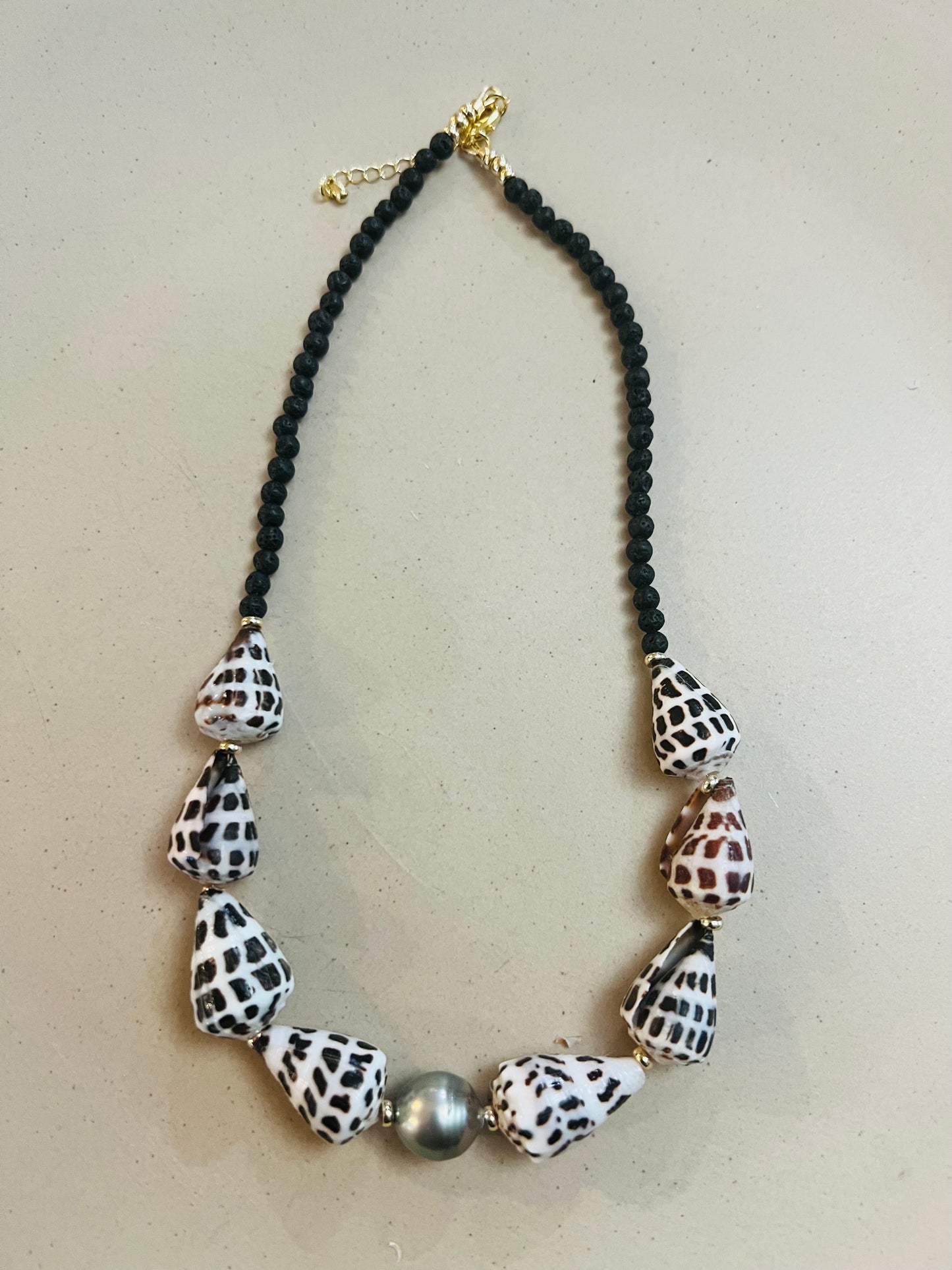 Tahitian Hebrew Cone Shell & Lava Rock Necklace