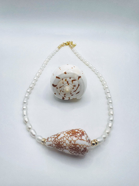 Penniform Cone Shell & Pearl Necklace