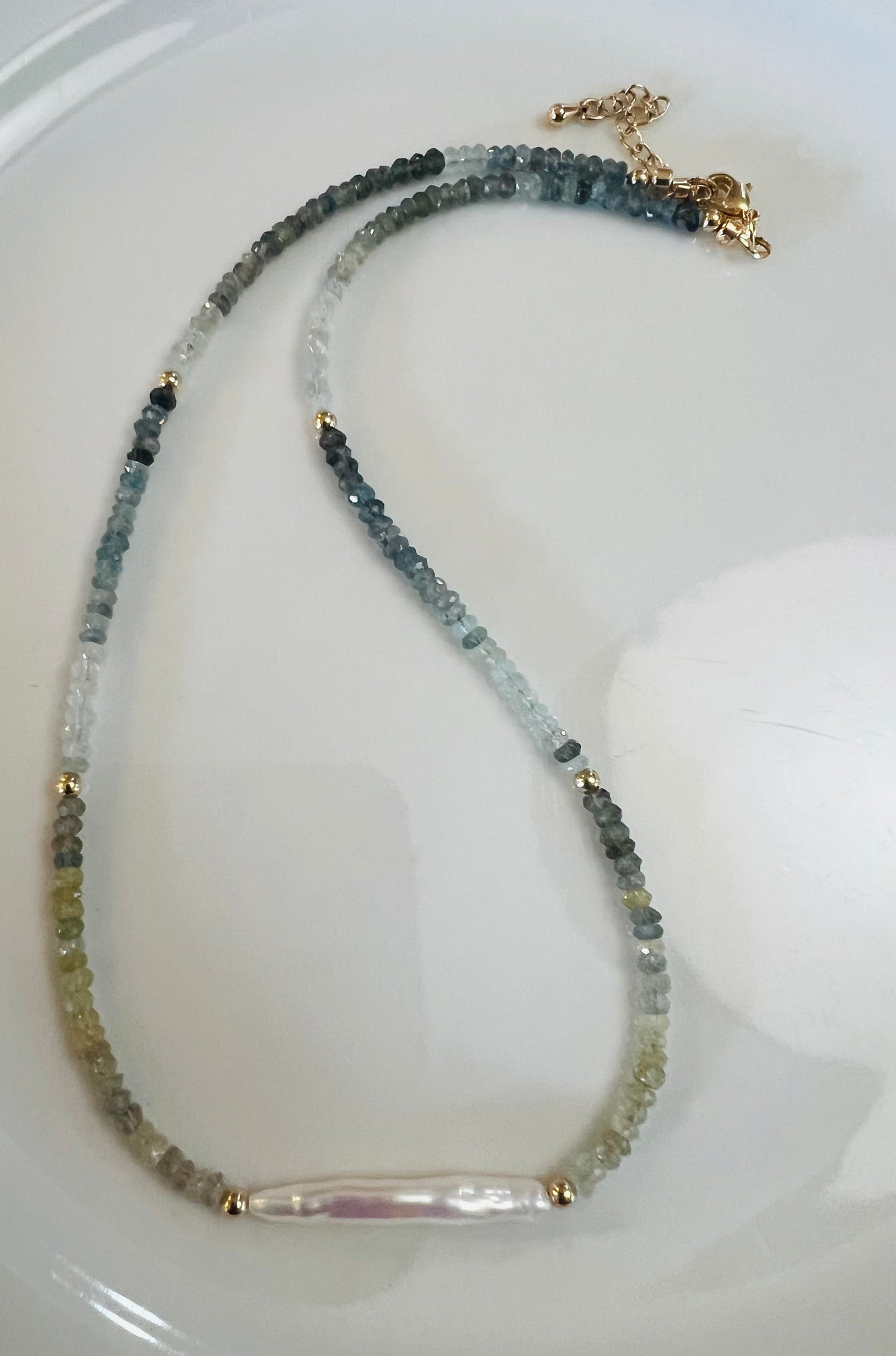 Freshwater Stick Pearl & Aquamarine Necklace