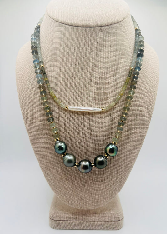 Tahitian Pearl & Blue Aquamarine Necklace
