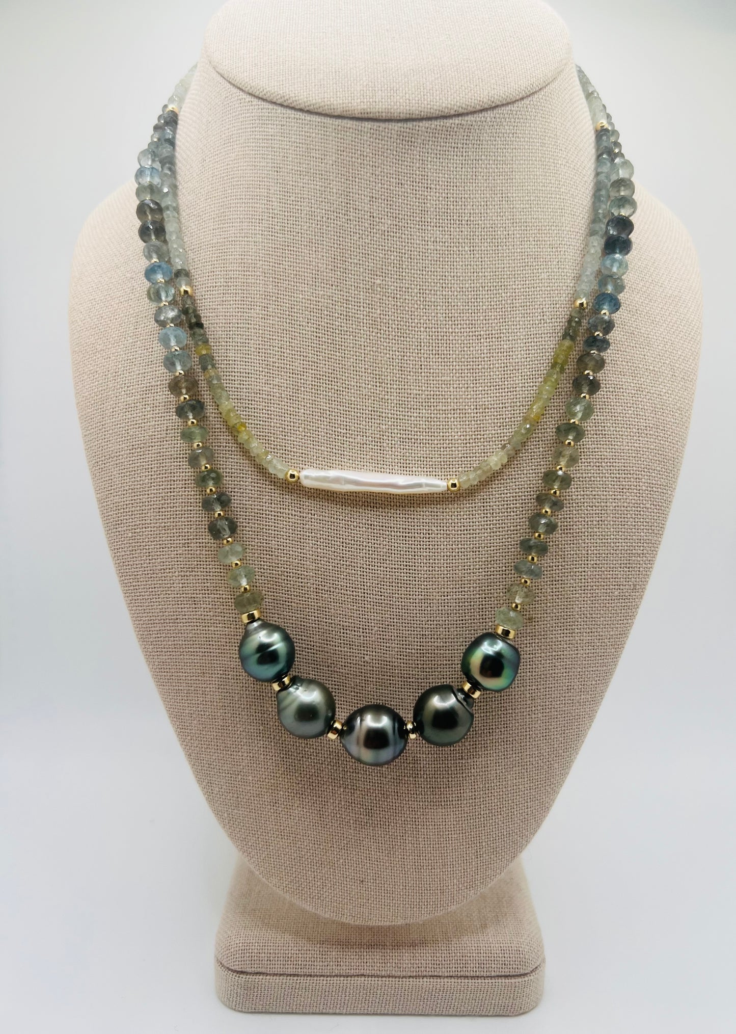 Freshwater Stick Pearl & Aquamarine Necklace