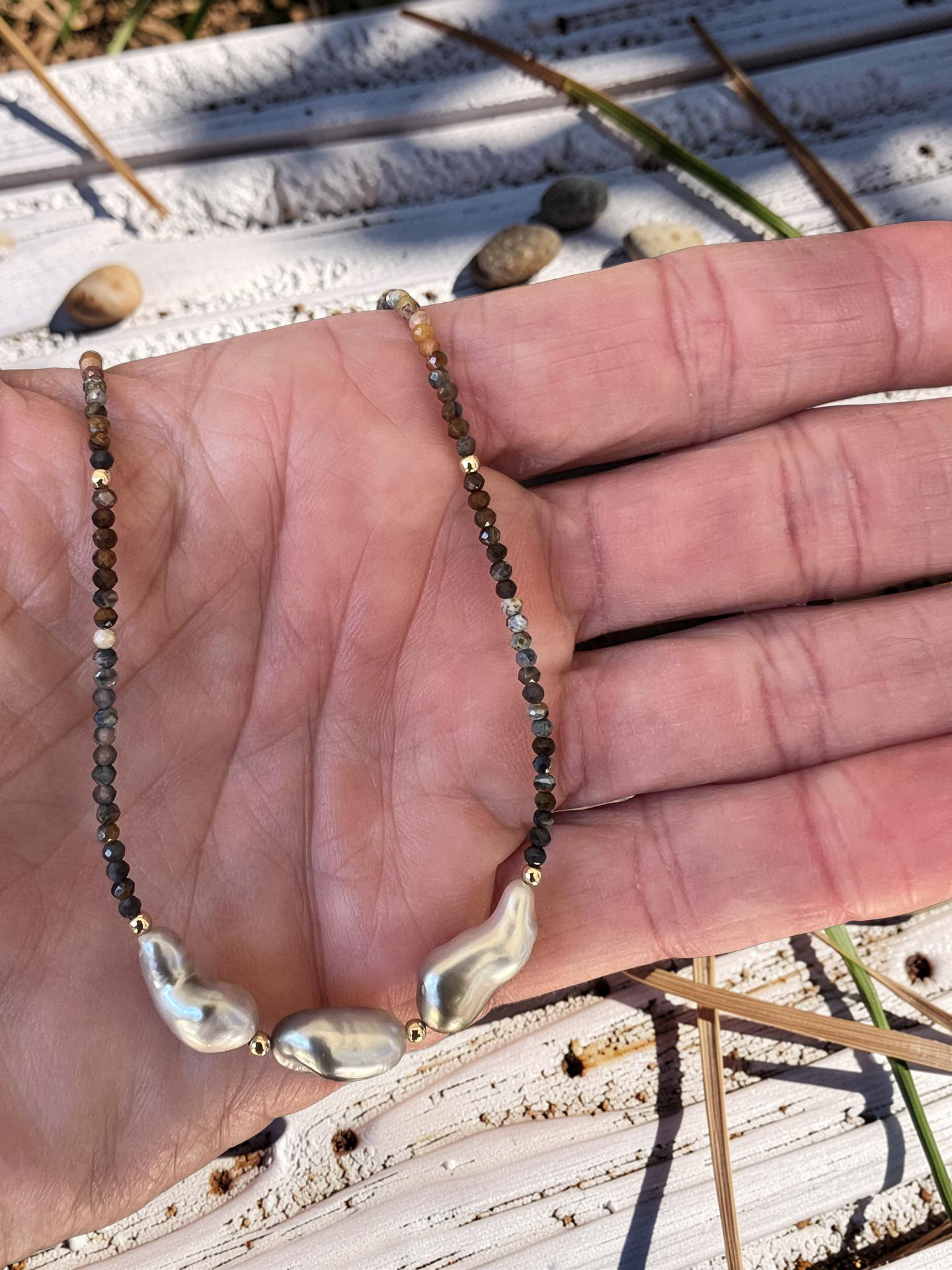 Tahitian Keshi Pearl & Pietersite Necklace