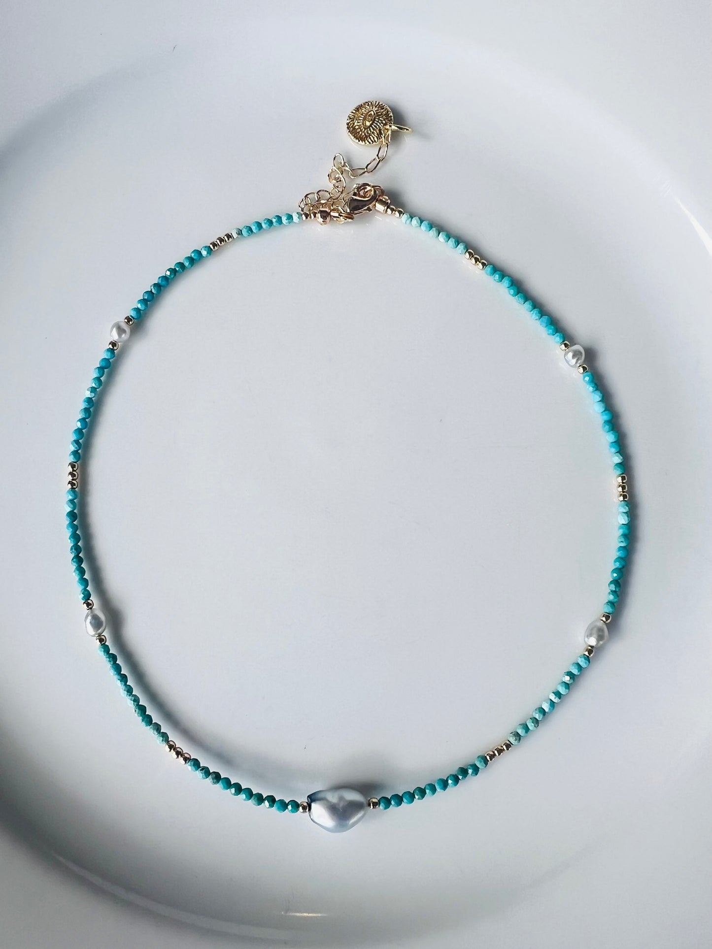 Turquoise & Tahitian Keshi  Choker Necklace