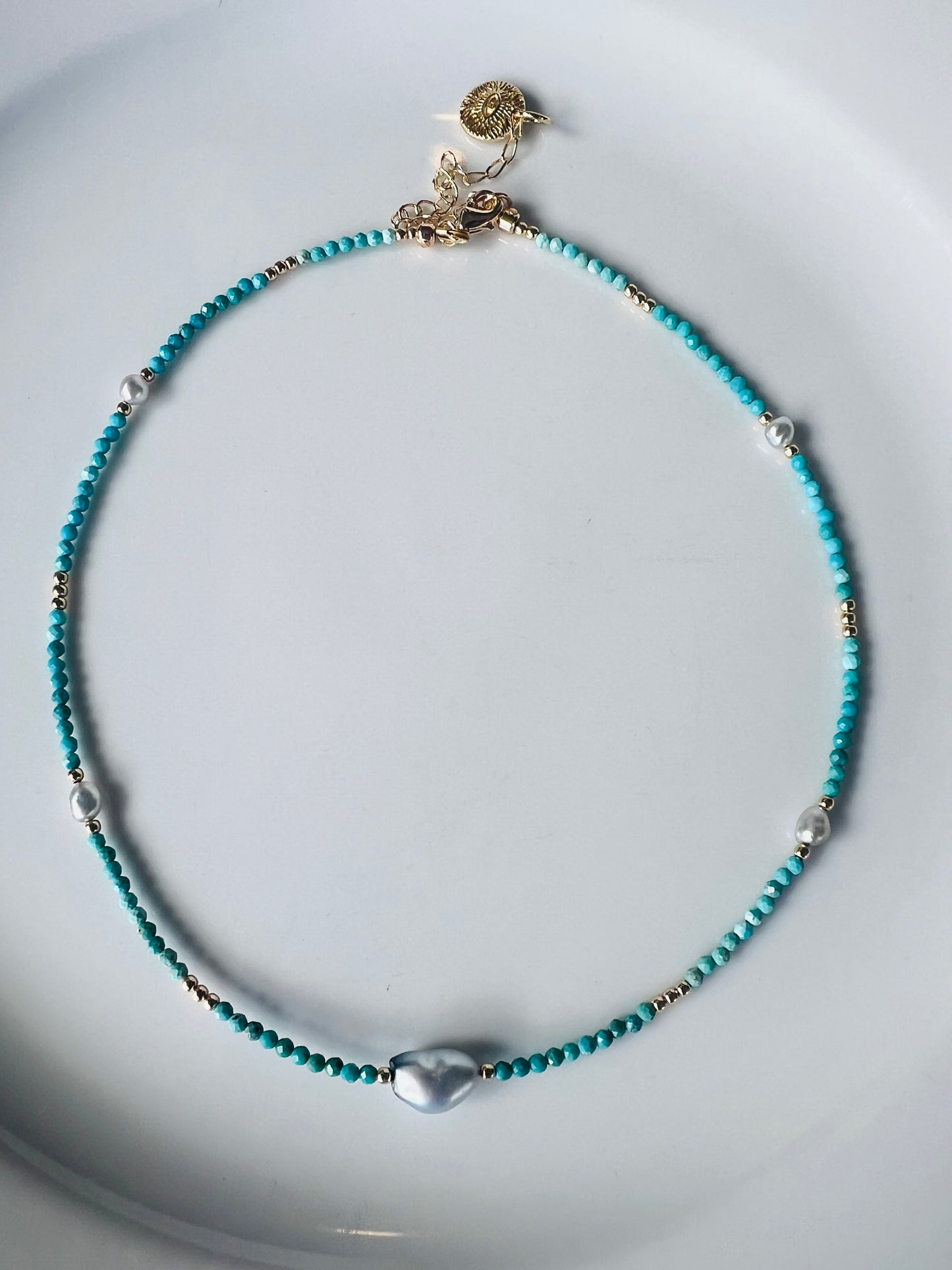 Turquoise & Tahitian Keshi  Choker Necklace