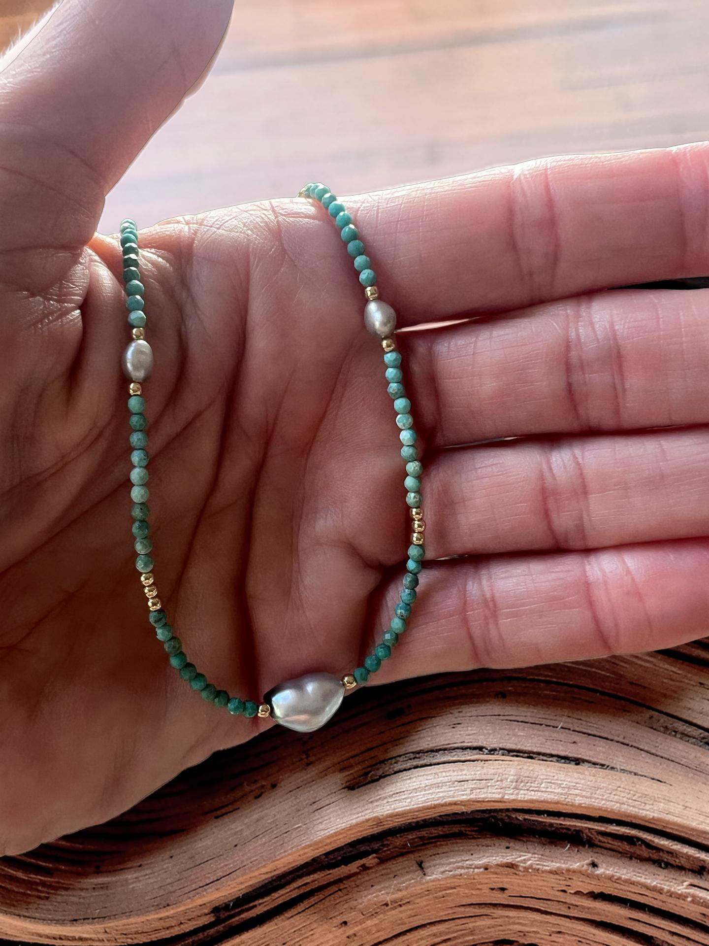 Turquoise & Tahitian Keshi  Choker Necklace