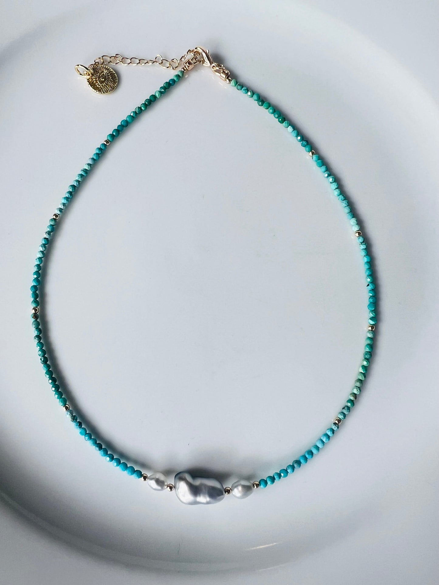 Turquoise & Tahitian Keshi  Centerpiece Choker Necklace