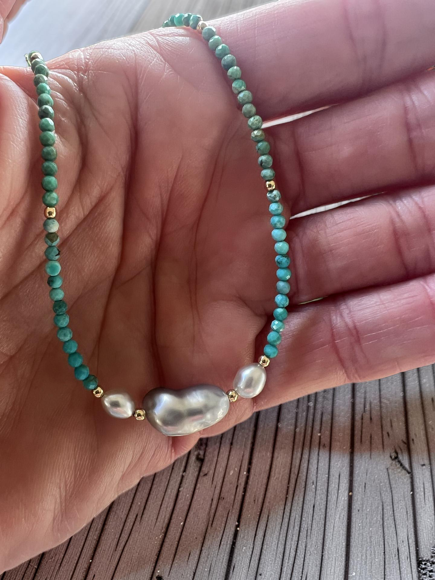 Turquoise & Tahitian Keshi  Centerpiece Choker Necklace