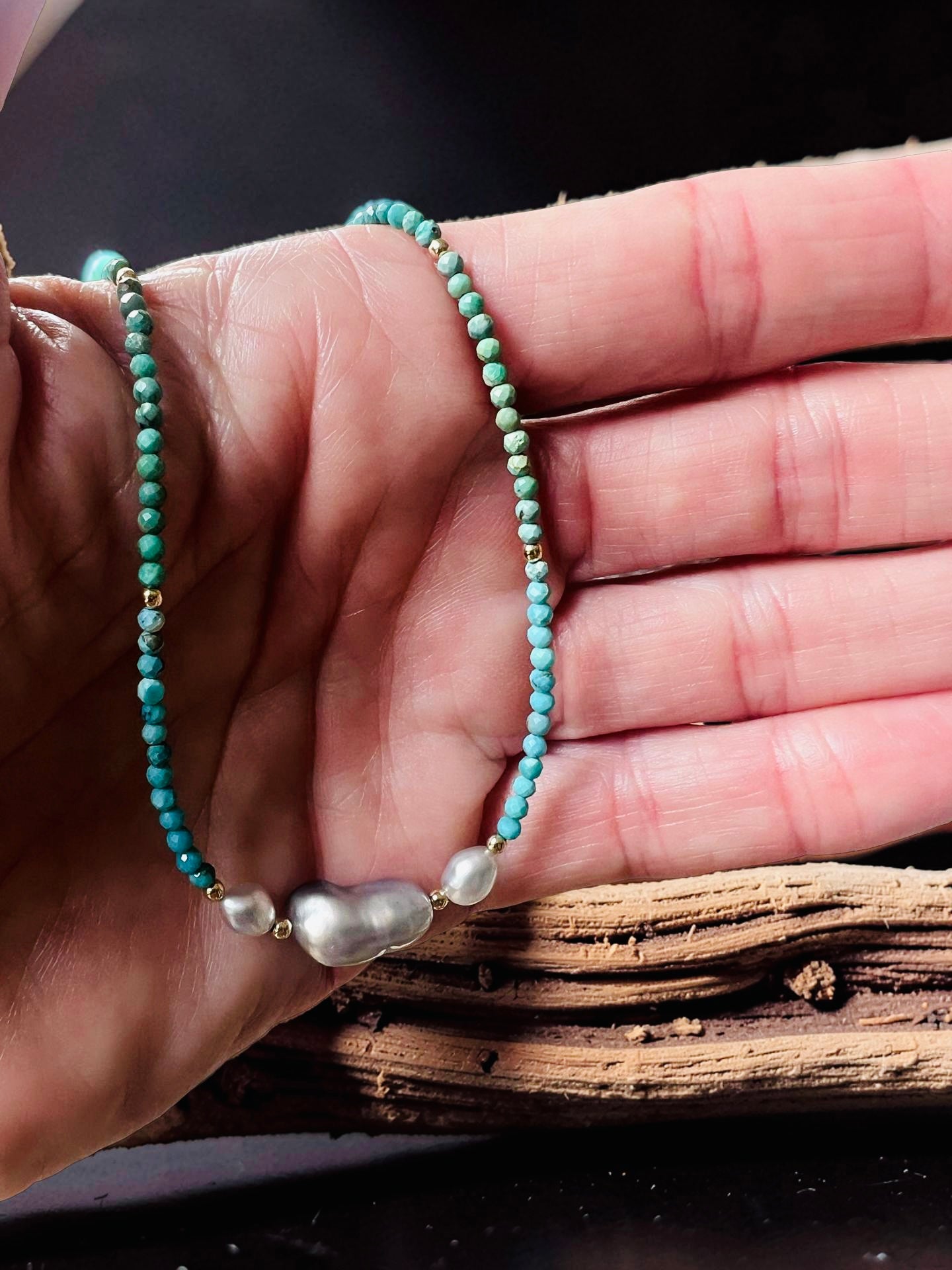 Turquoise & Tahitian Keshi  Centerpiece Choker Necklace