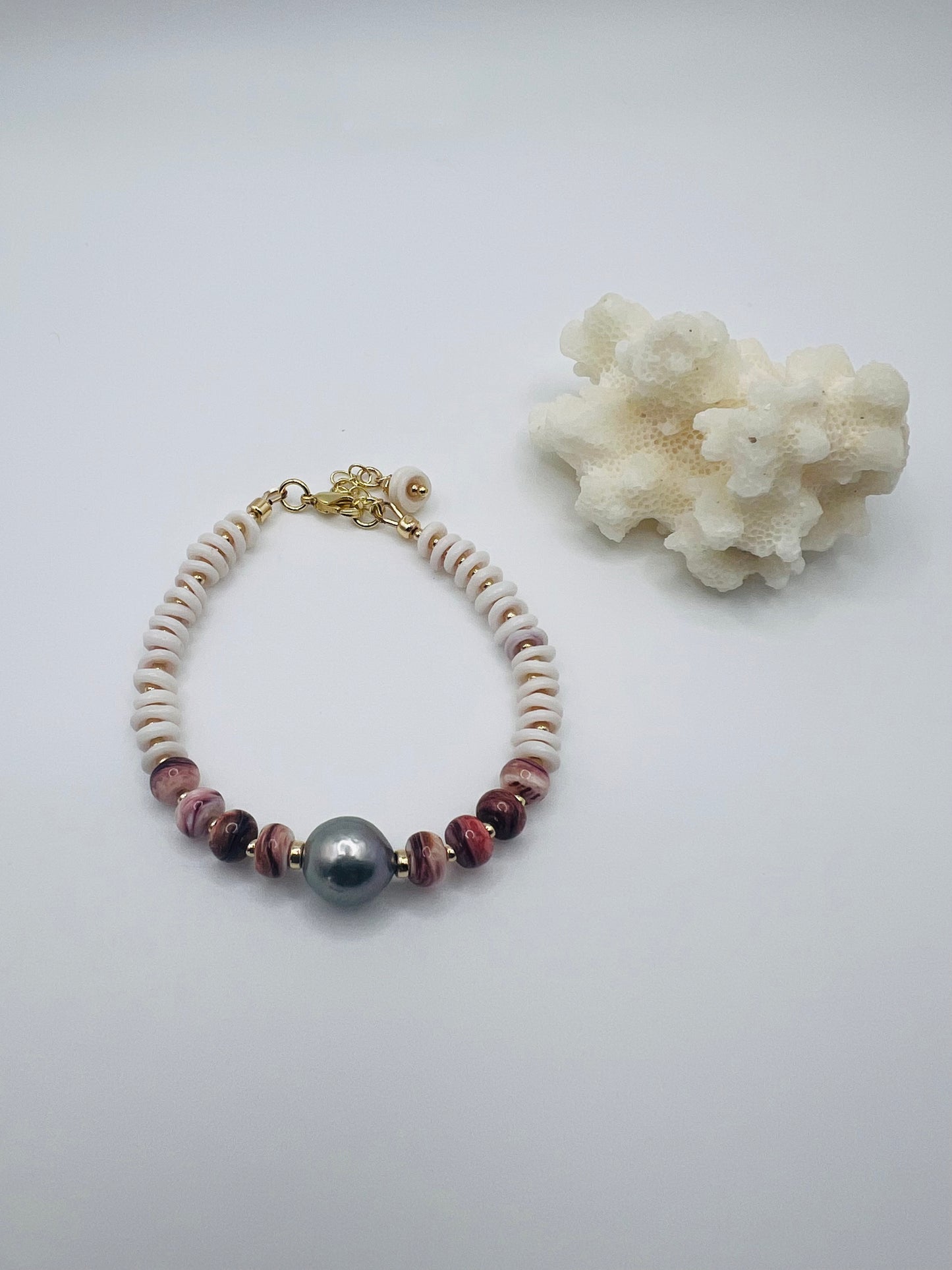 Spiny Oyster Shell, Puka Shell,  & Tahitian Bracelet