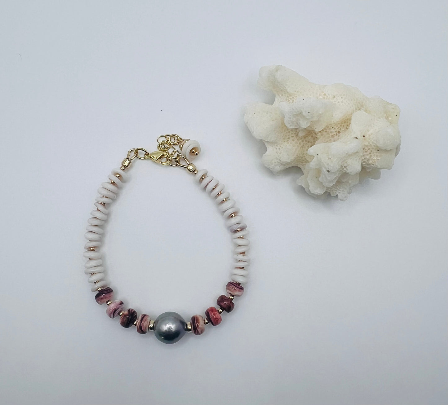 Spiny Oyster Shell, Puka Shell,  & Tahitian Bracelet
