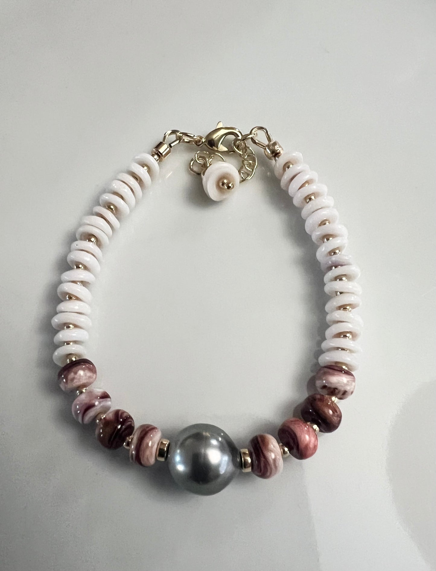 Spiny Oyster Shell, Puka Shell,  & Tahitian Bracelet