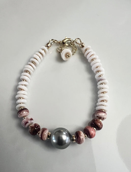 Spiny Oyster Shell, Puka Shell,  & Tahitian Bracelet