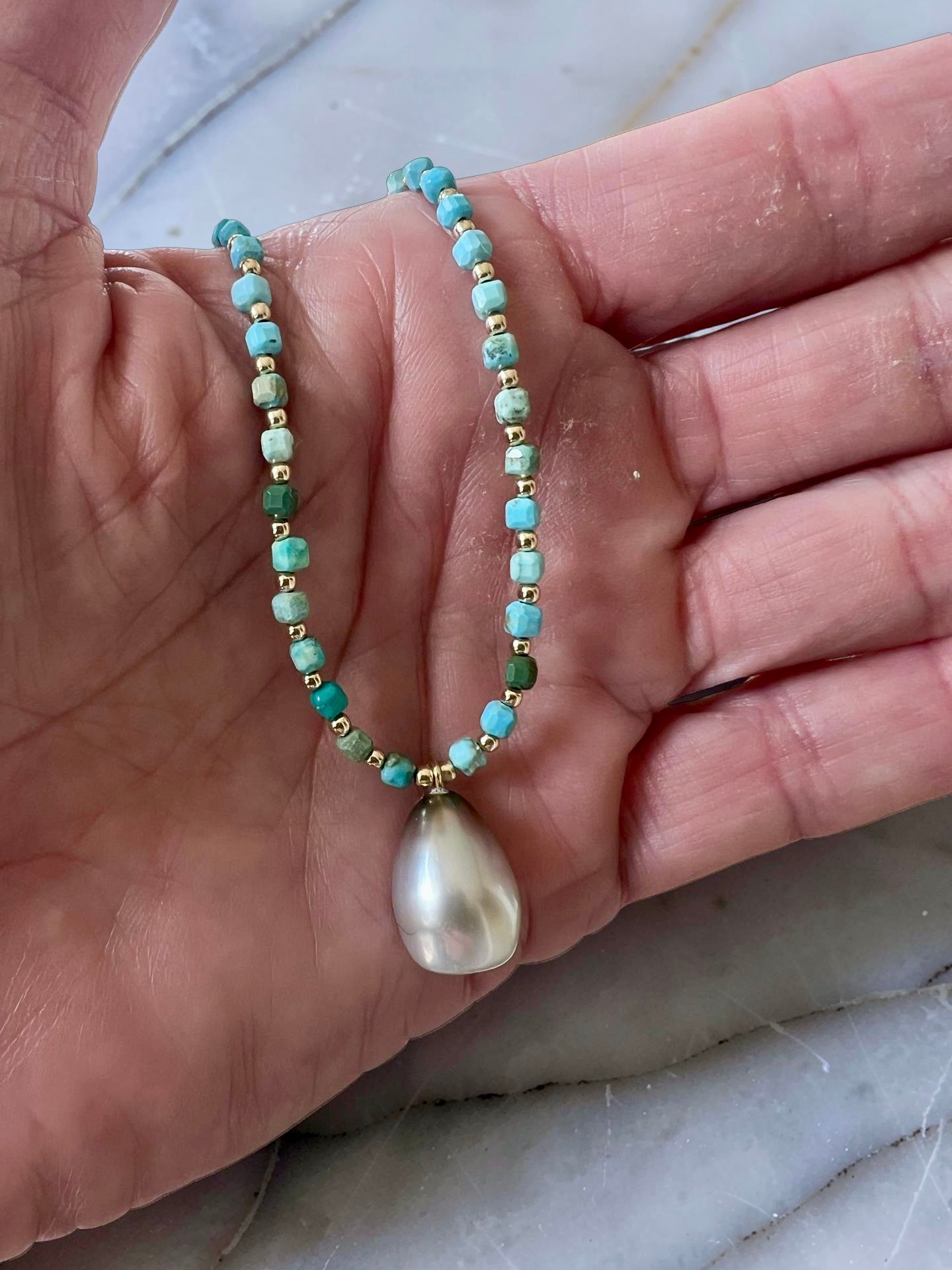 Dainty Tahitian & Turquoise Pendant Necklace