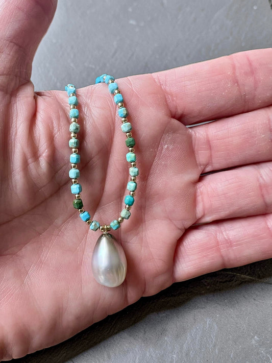 Dainty Tahitian & Turquoise Pendant Necklace