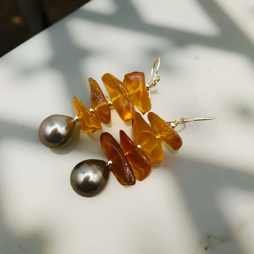 Autumn Tahitian Pearl & Amber Earrings