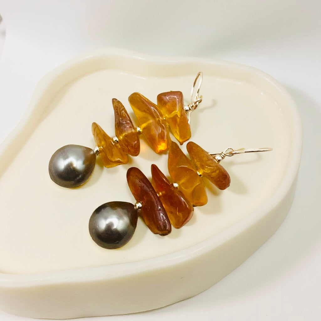 Autumn Tahitian Pearl & Amber Earrings