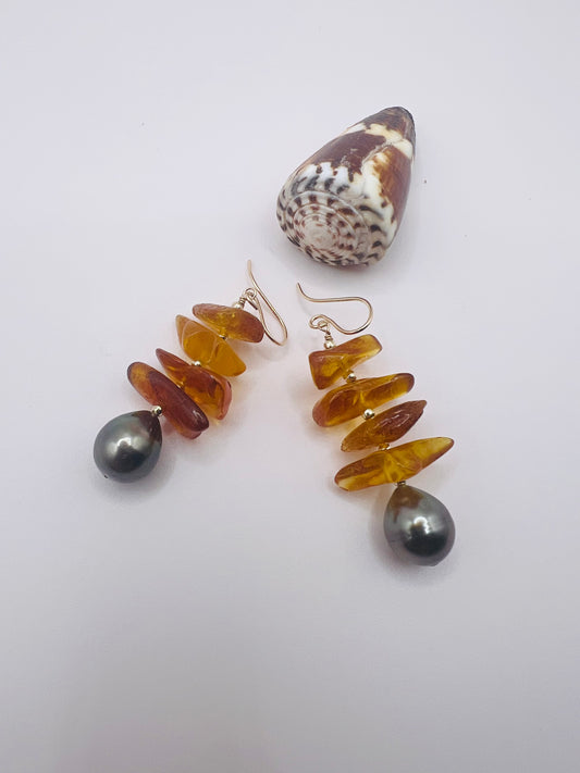 Autumn Tahitian Pearl & Amber Earrings