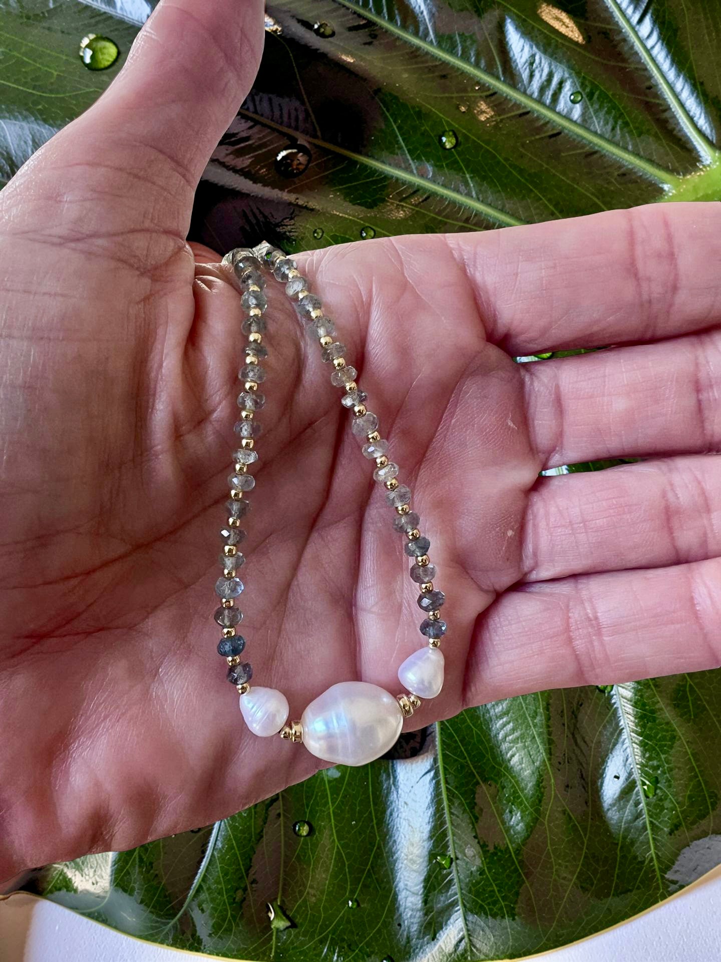 Moss Aquamarine & Freshwater Pearl Necklace