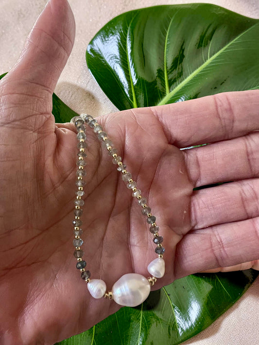 Moss Aquamarine & Freshwater Pearl Necklace