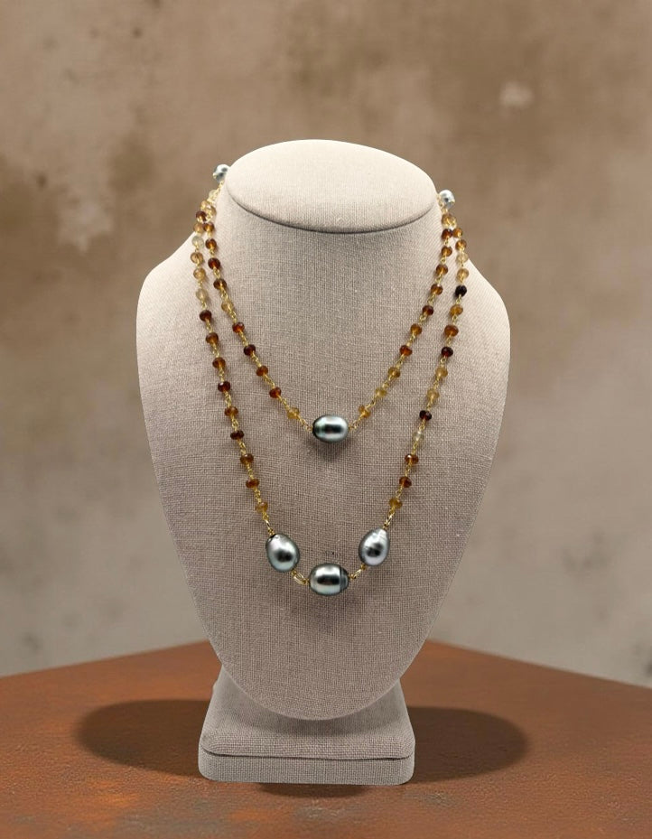 Tahitian & Hessonite Garnet Rosary Chain Necklace