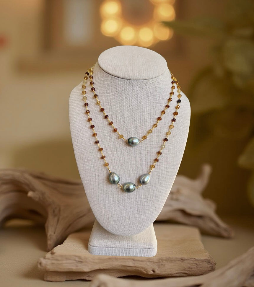 Tahitian & Hessonite Garnet Rosary Chain Necklace