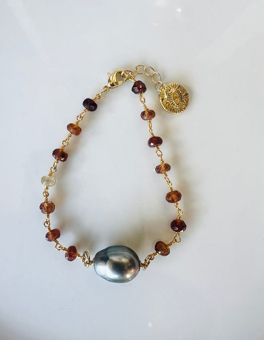 Tahitian & Hessonite Garnet Rosary Chain Bracelet