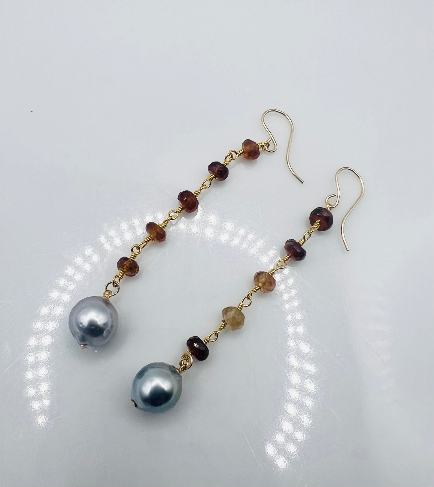 Tahitian & Hessonite Garnet Rosary Chain Earrings