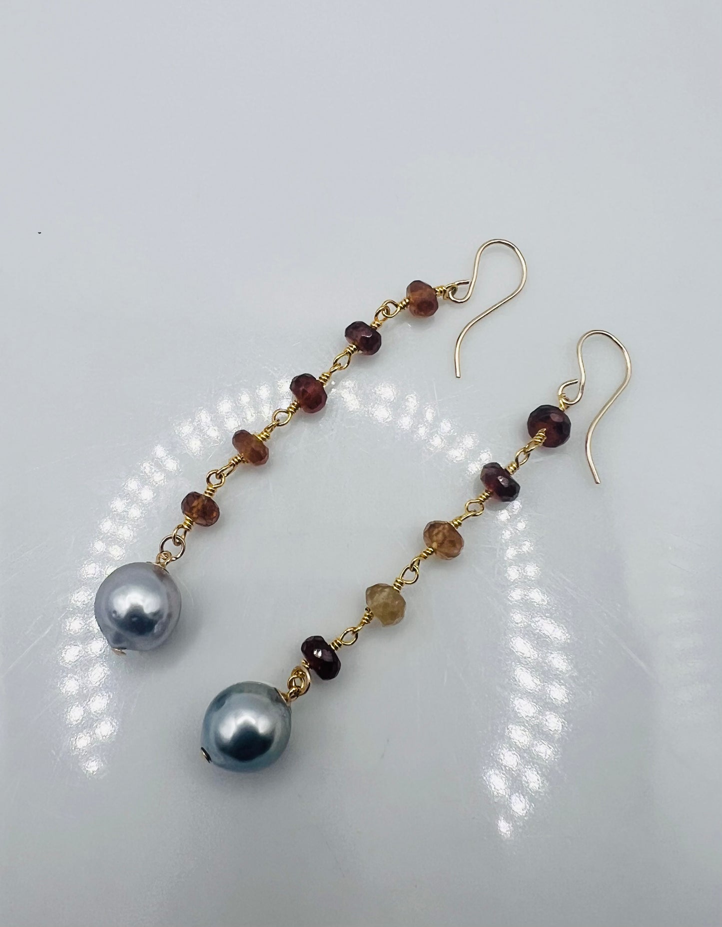 Tahitian & Hessonite Garnet Rosary Chain Earrings