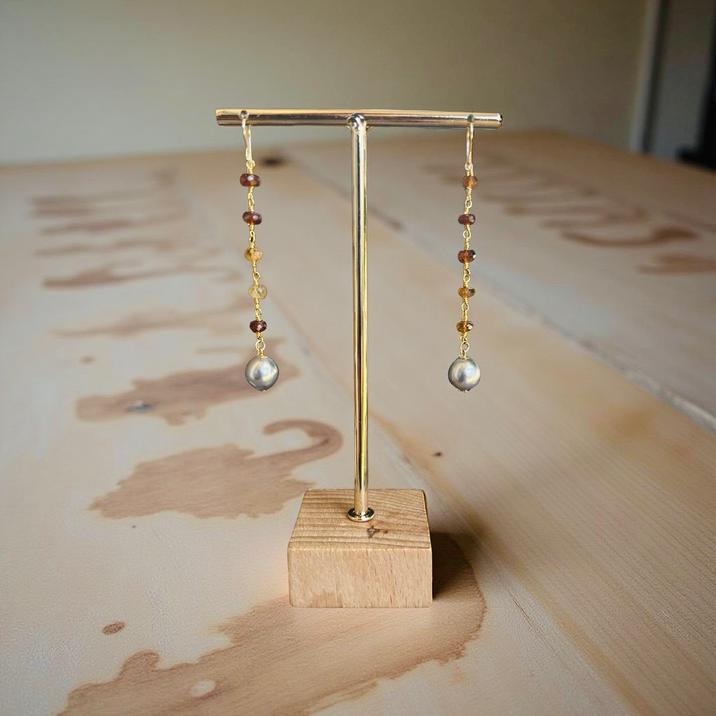 Tahitian & Hessonite Garnet Rosary Chain Earrings
