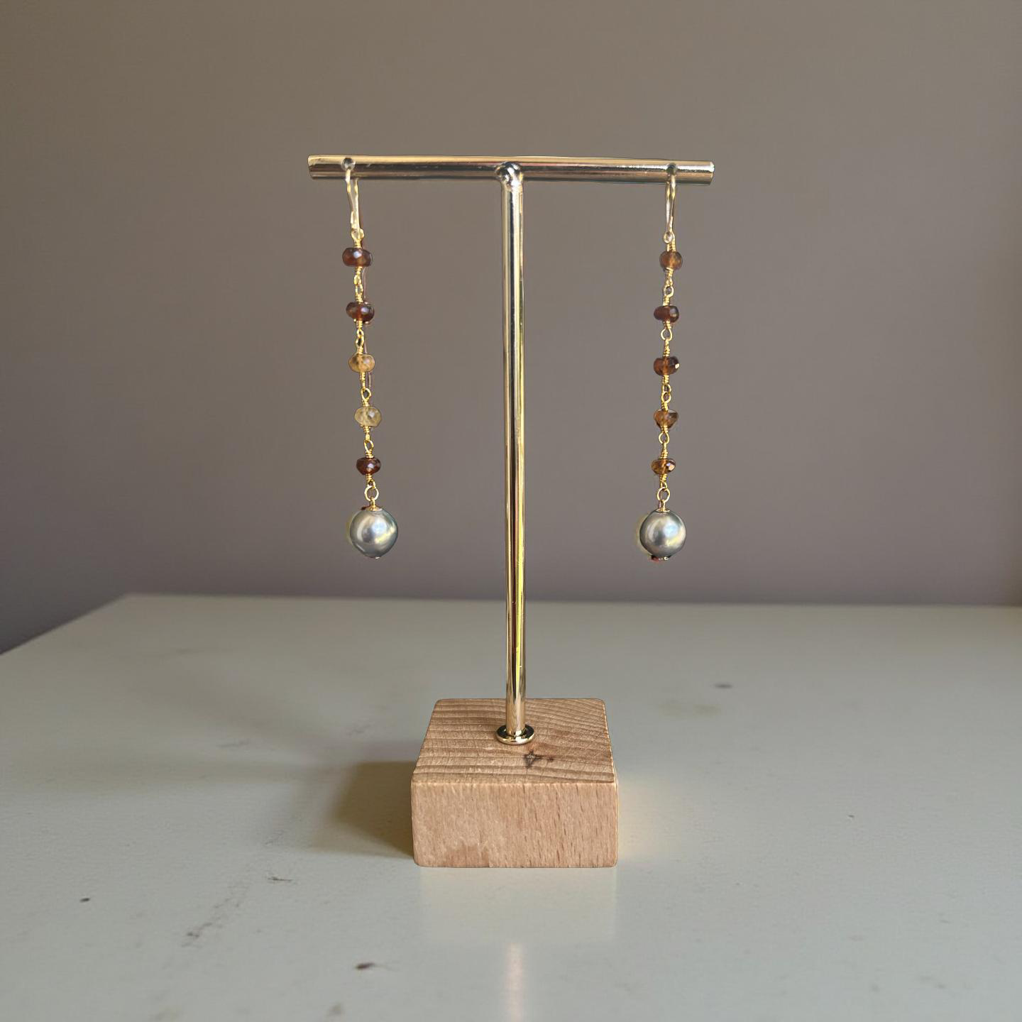 Tahitian & Hessonite Garnet Rosary Chain Earrings