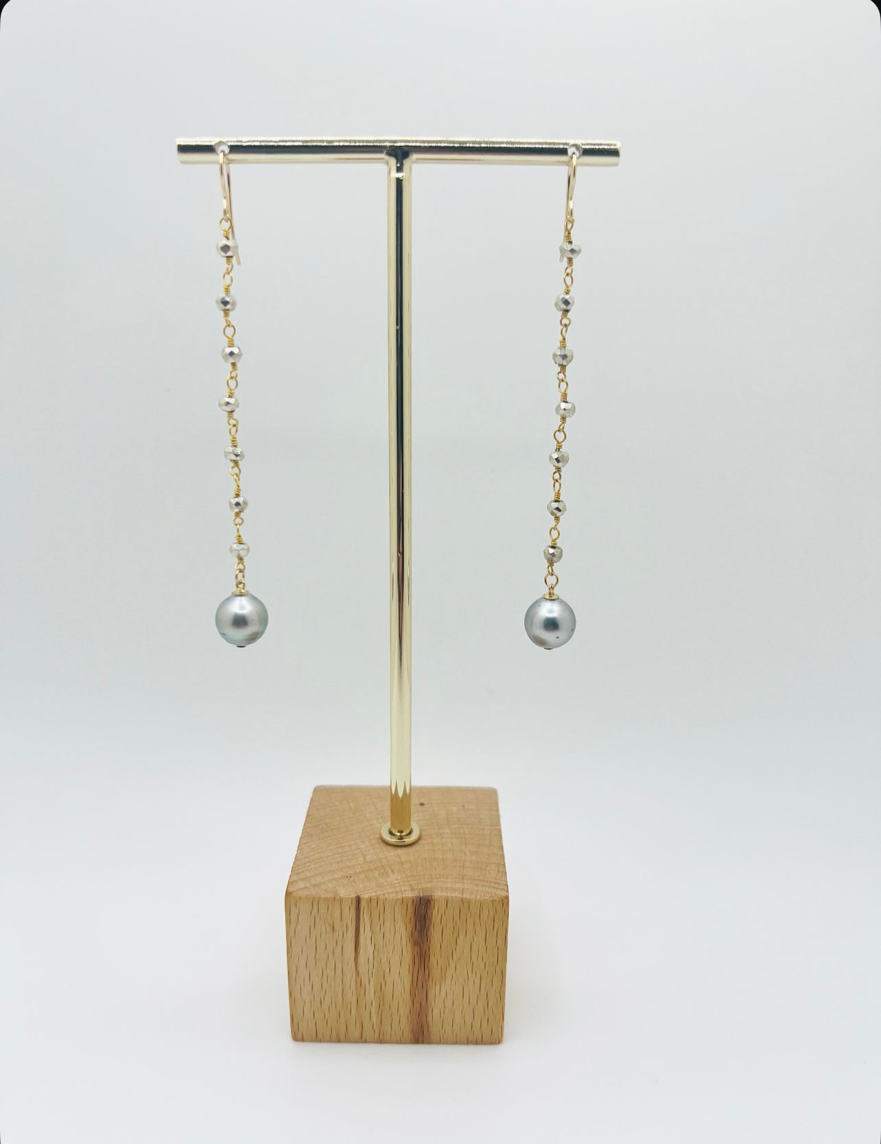 Tahitian & Pyrite Rosary Chain Earrings