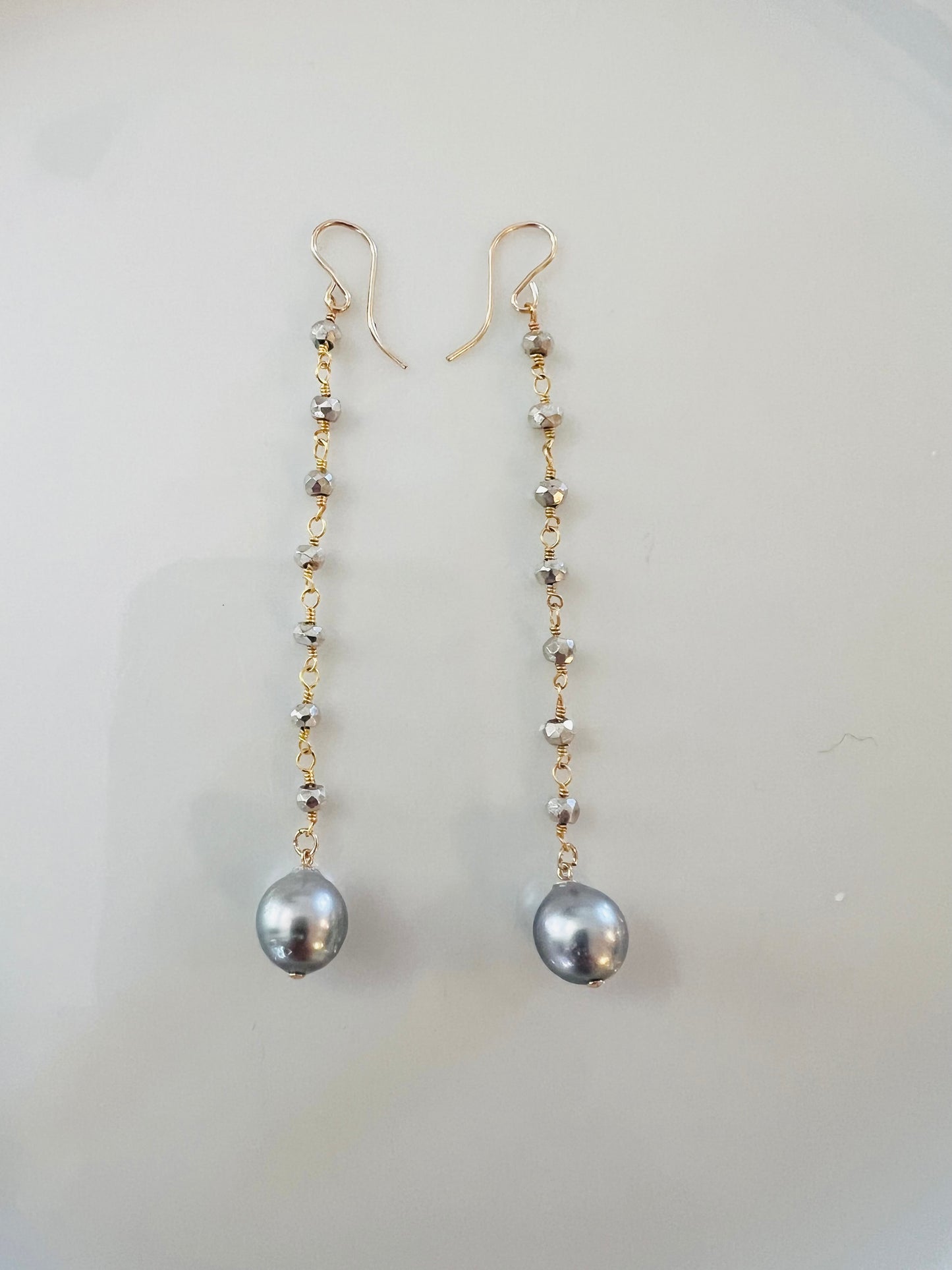 Tahitian & Pyrite Rosary Chain Earrings