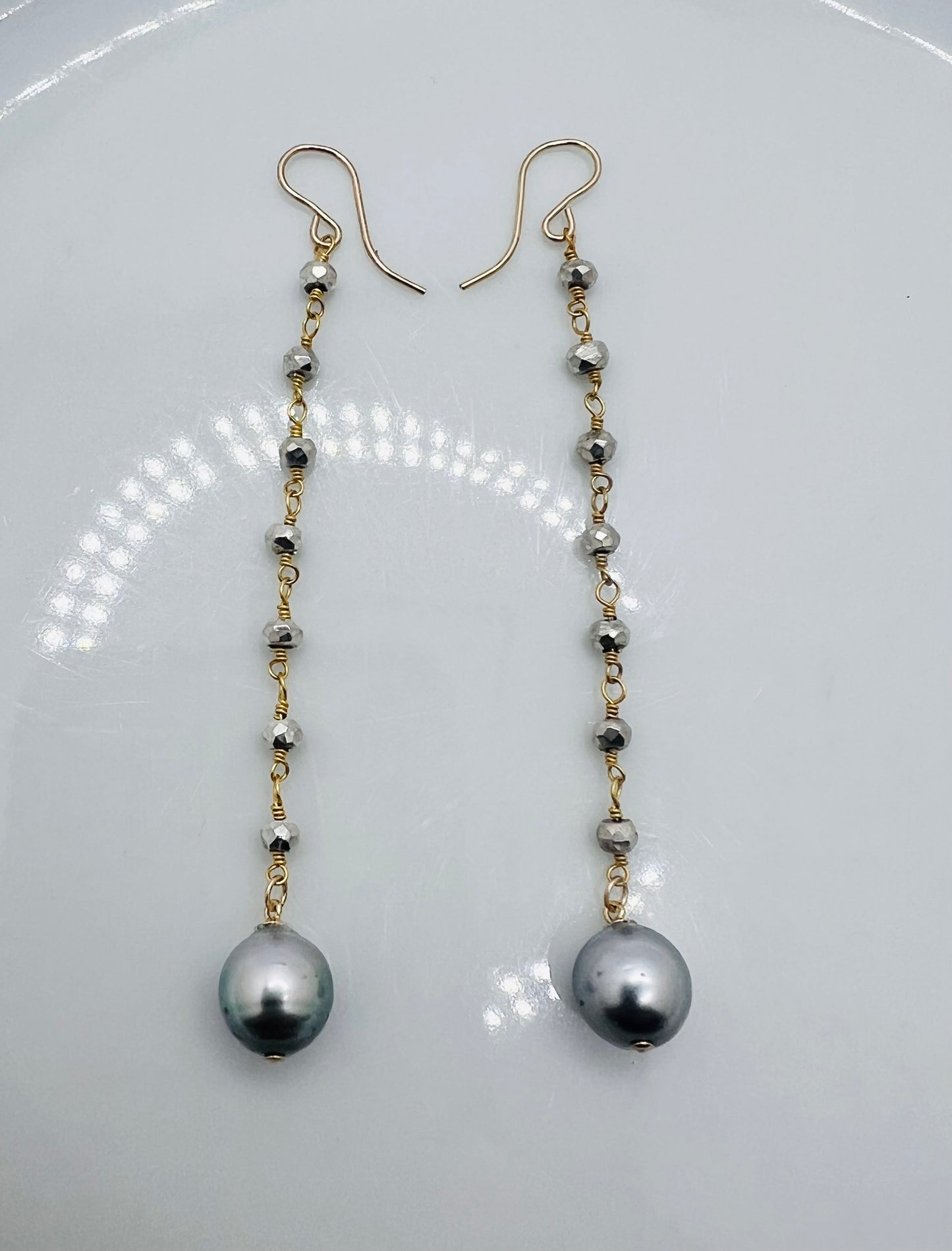 Tahitian & Pyrite Rosary Chain Earrings