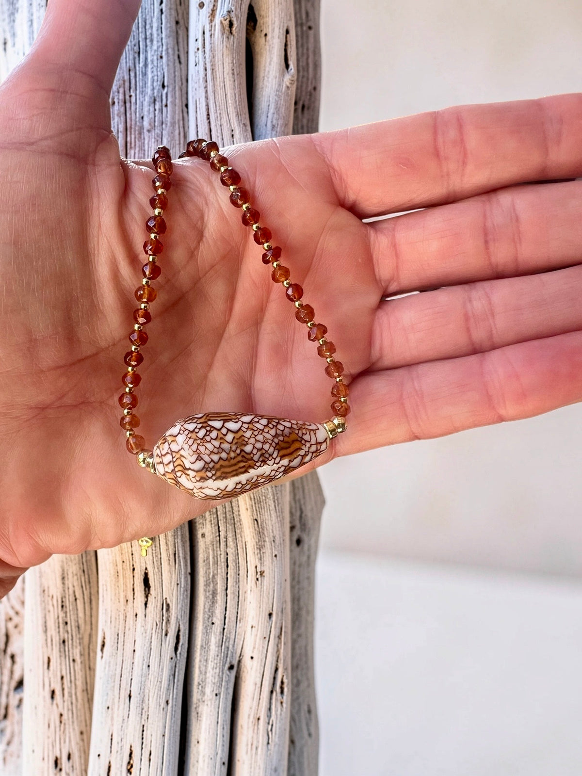 Textile Cone & Hessonite Garnet Necklace