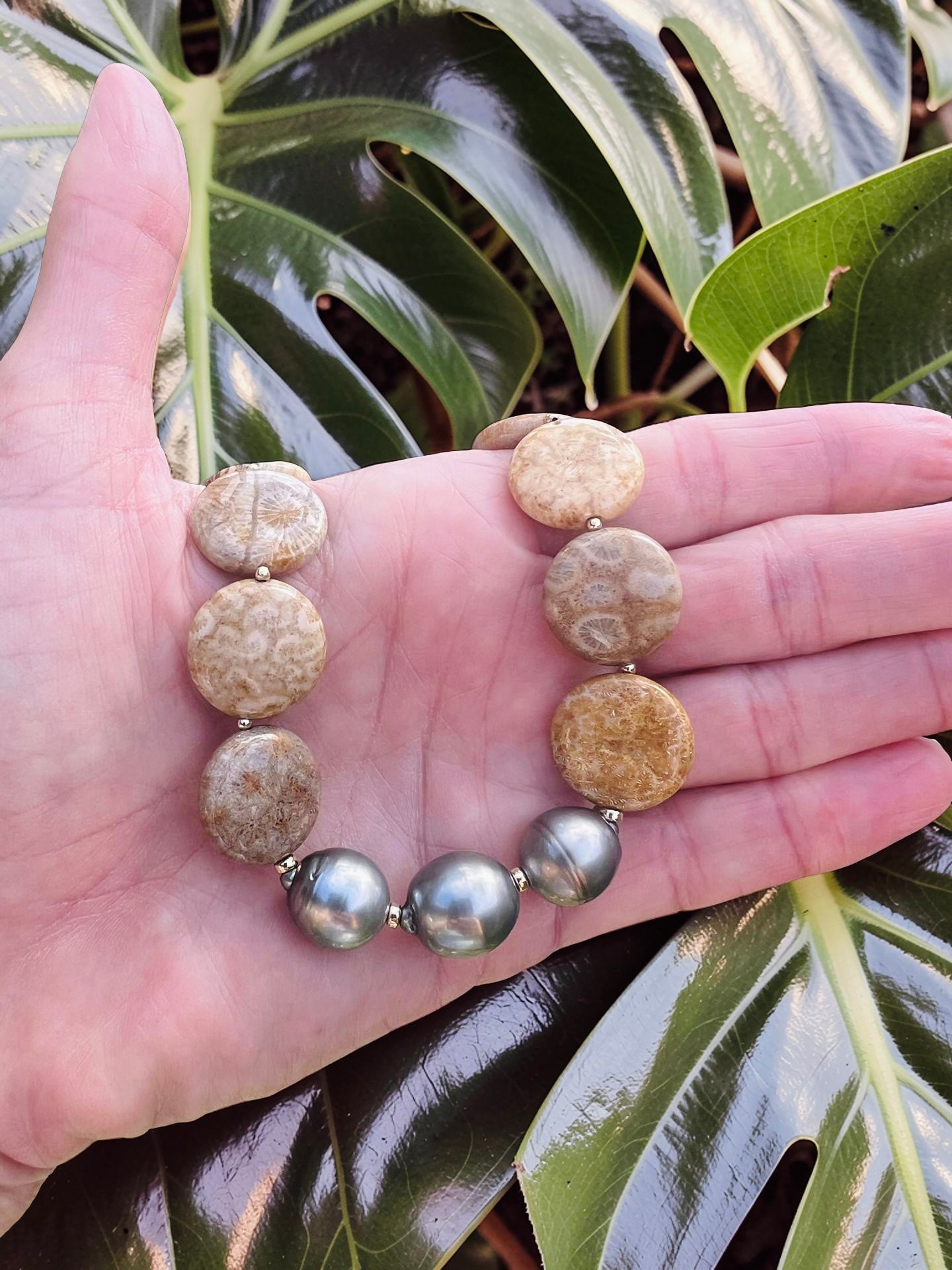 Bombucha Tahitian Pearl & Fossilized Coral Necklace