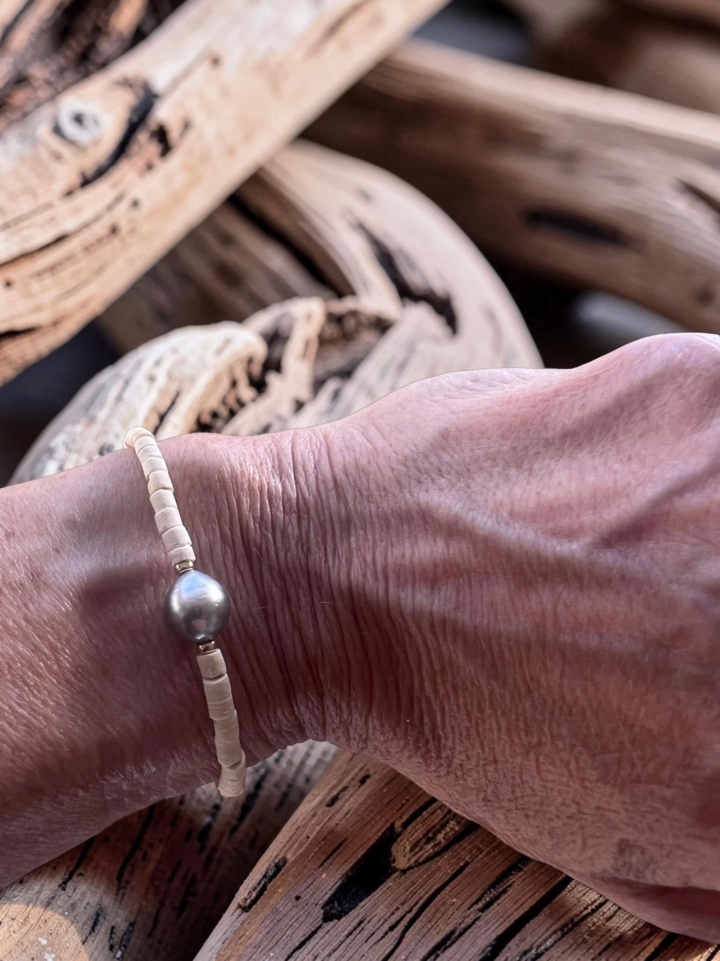 Tahitian Pearl & Coconut Wood Bracelet