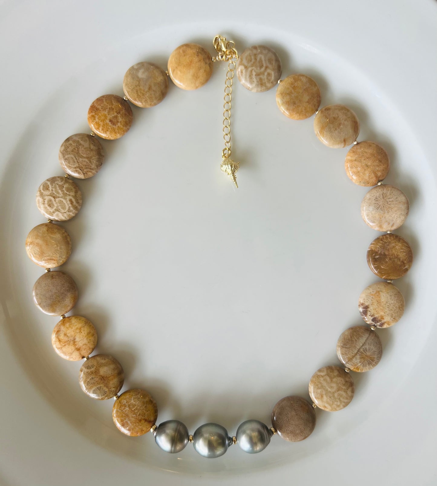 Bombucha Tahitian Pearl & Fossilized Coral Necklace