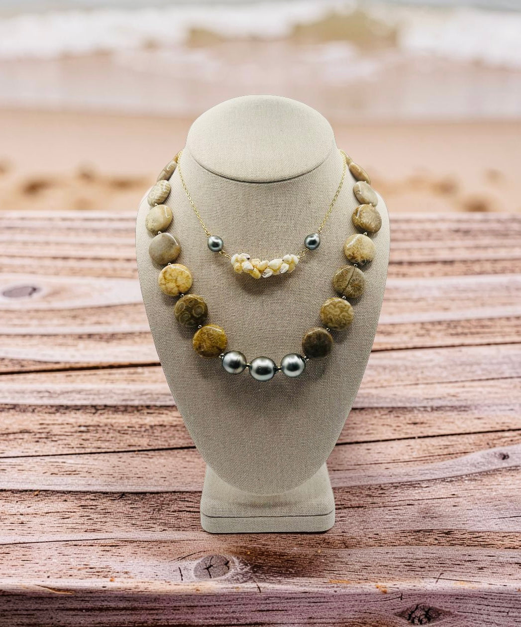 Bombucha Tahitian Pearl & Fossilized Coral Necklace