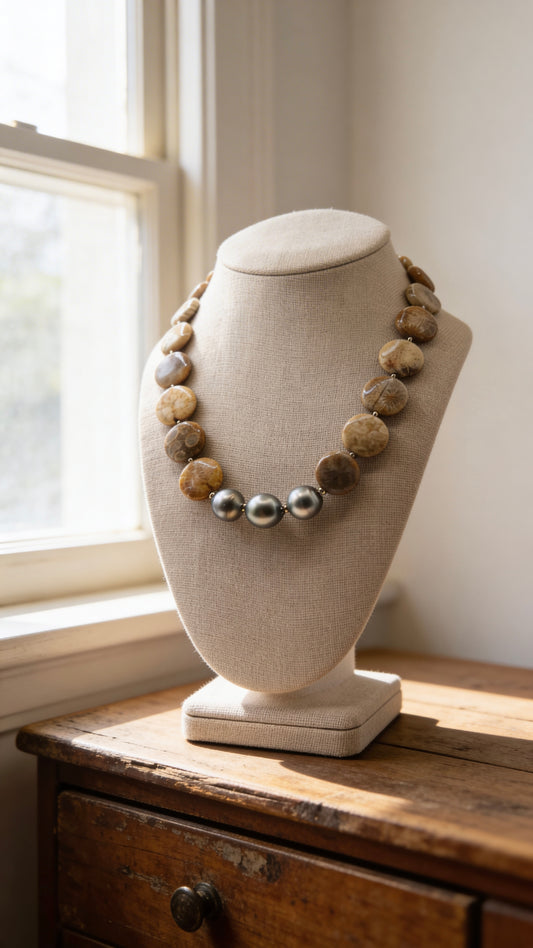 Bombucha Tahitian Pearl & Fossilized Coral Necklace