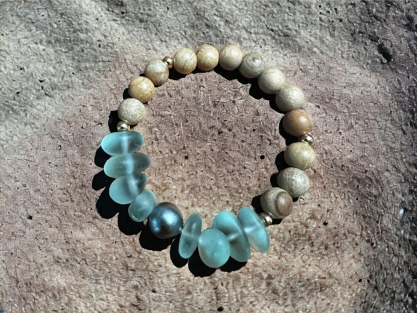 Tahitian Pearl Sea Glass & Sandalwood Bracelet