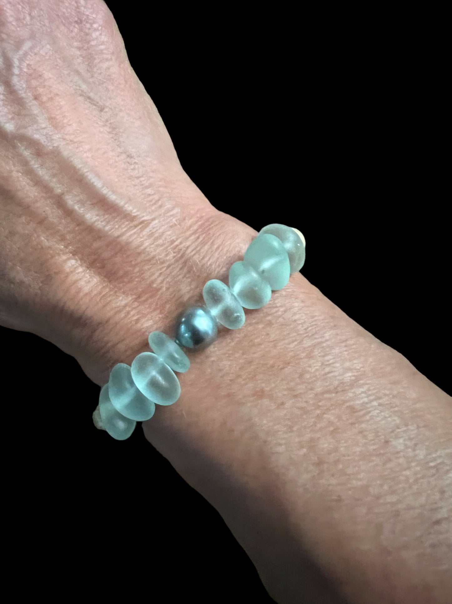 Tahitian Pearl Sea Glass & Sandalwood Bracelet