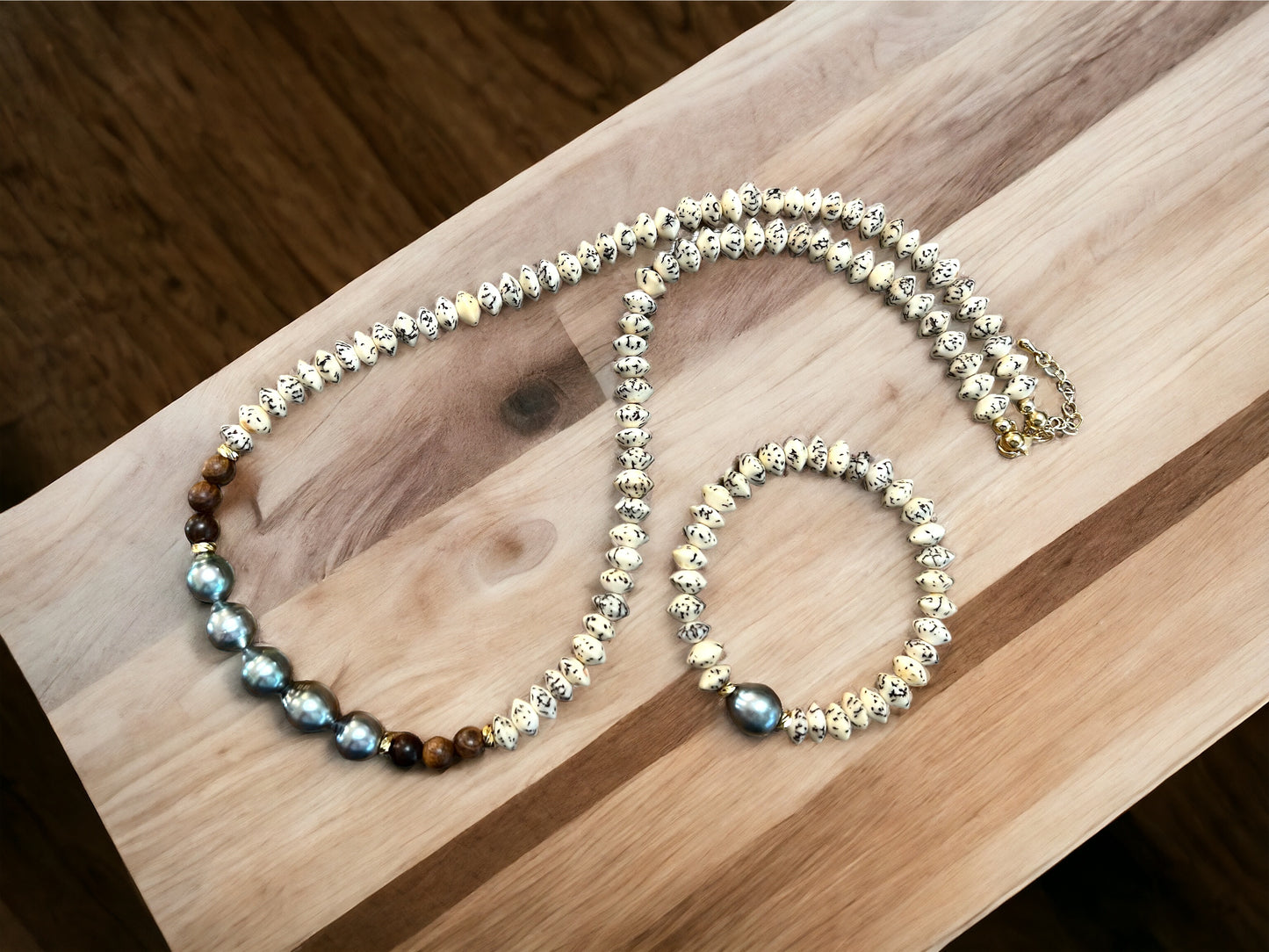 Tahitian Pearl Wood & Seed Bracelet
