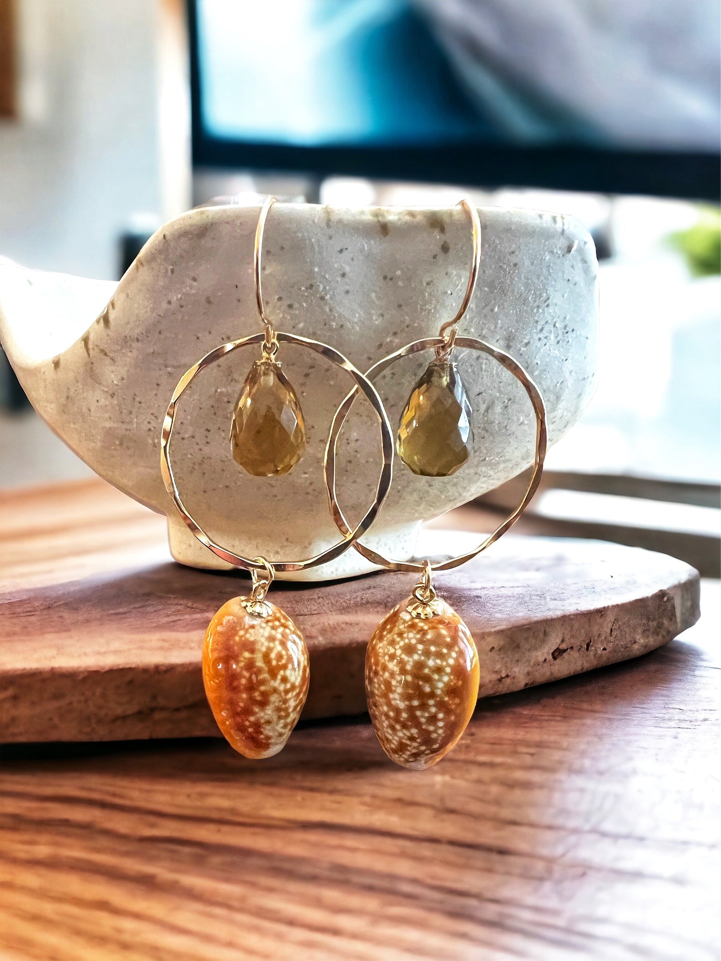 Honey Cowrie & Whiskey Quartz Hoop Earrings