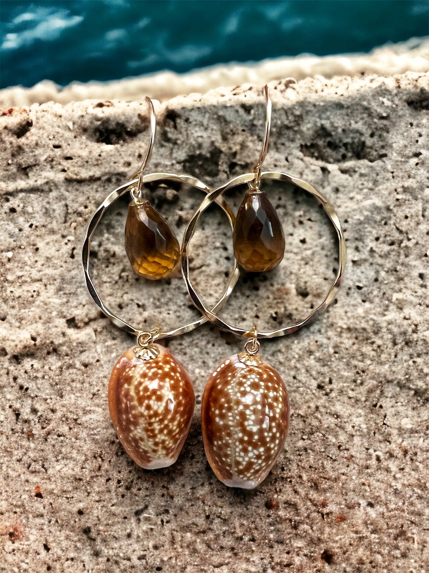 Honey Cowrie & Whiskey Quartz Hoop Earrings