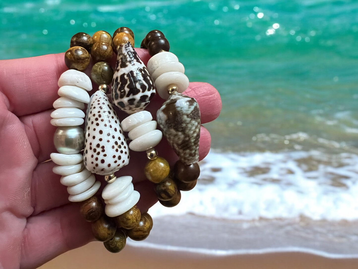Cat Cone Puka Shell Stretch Bracelet