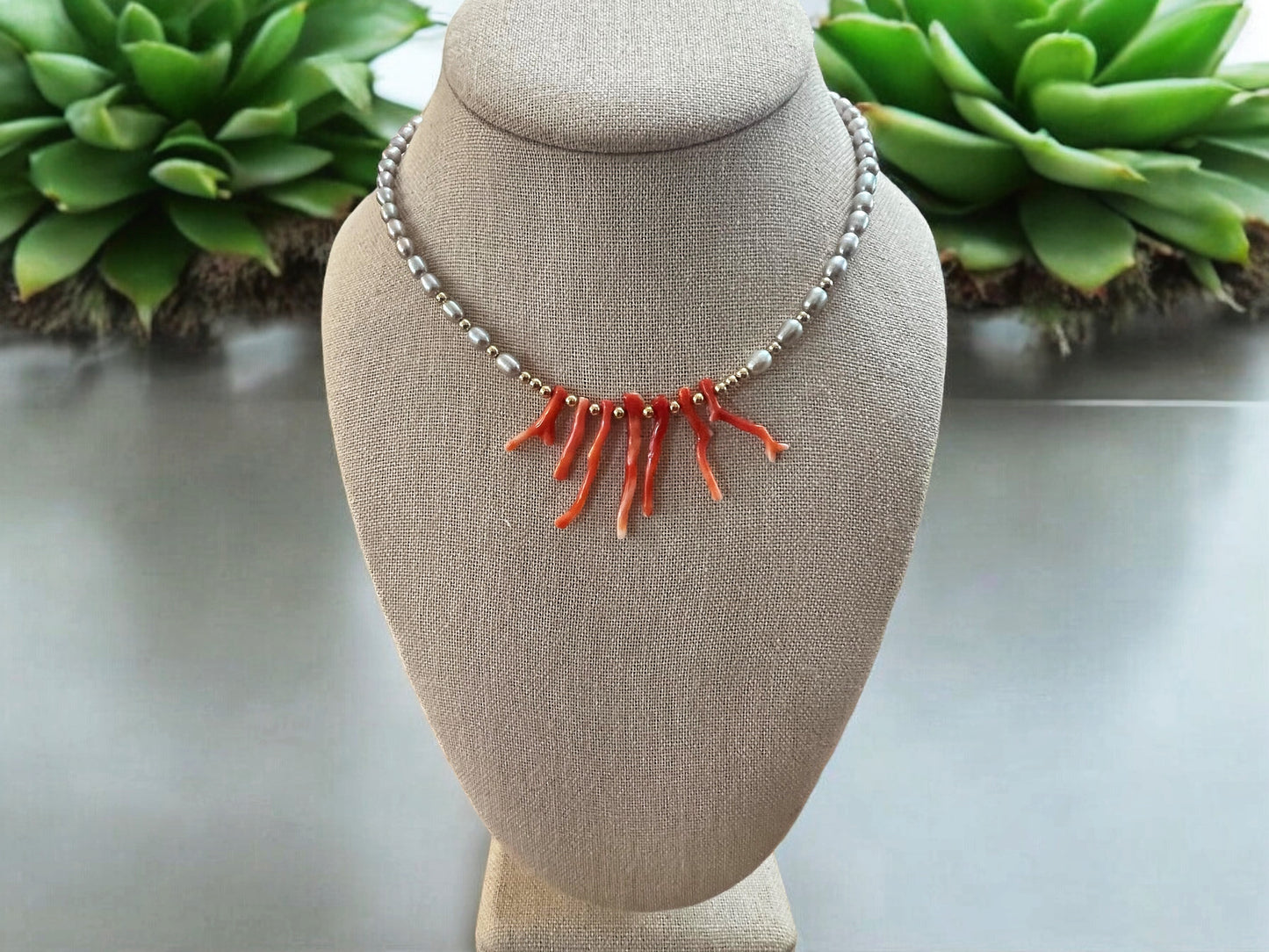 Freshwater Pearl & Coral Choker Necklace